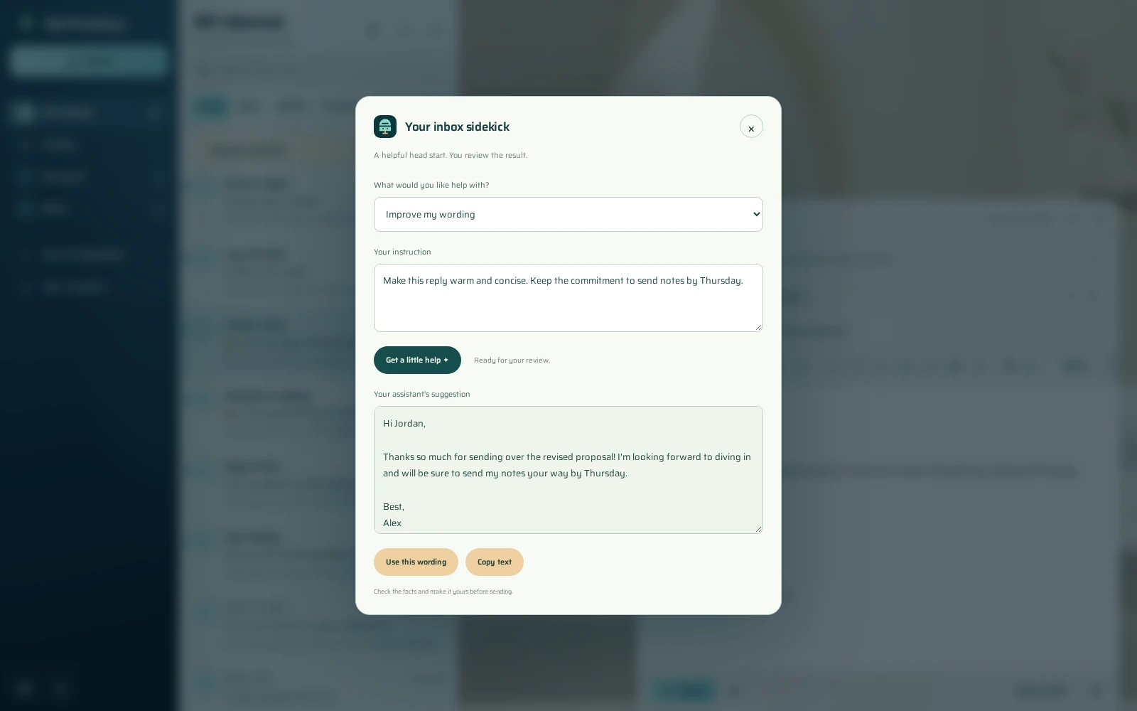 BotPostbox assistant helps refine a demonstration email