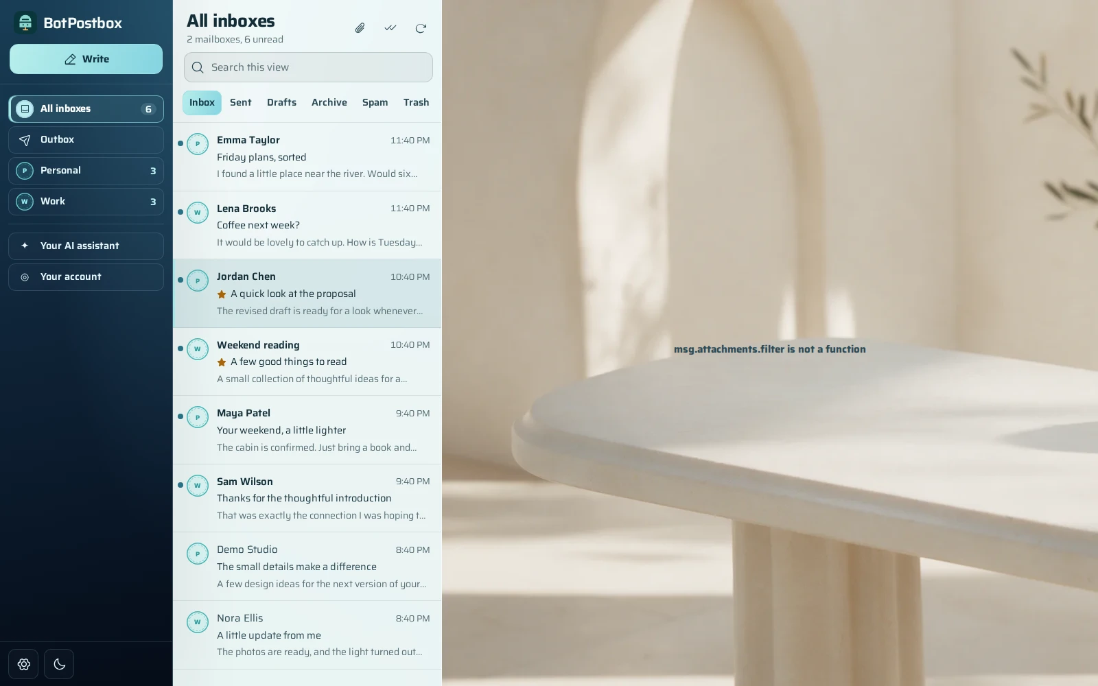 BotPostbox desktop inbox with multiple mailboxes and a reading pane