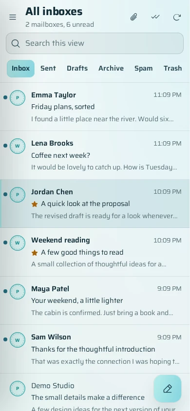 The actual BotPostbox phone inbox with fictional demo mail