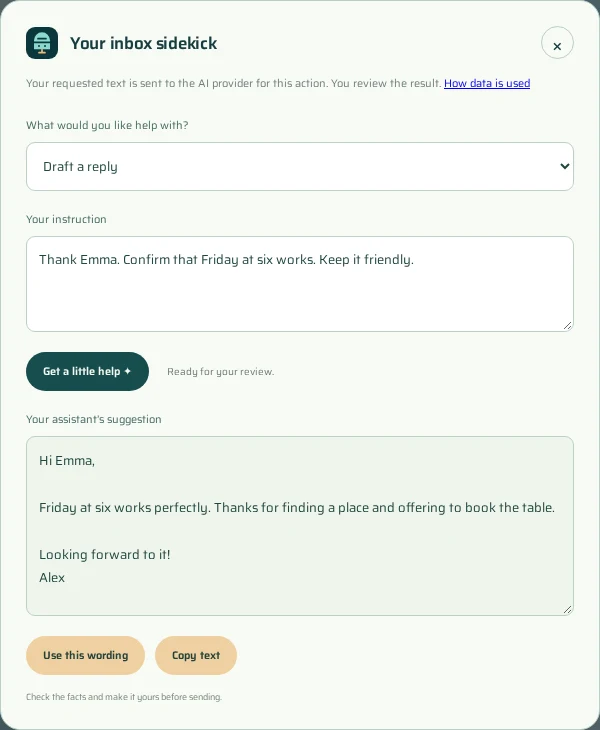 Actual BotPostbox assistant with fictional email and an illustrative AI response.