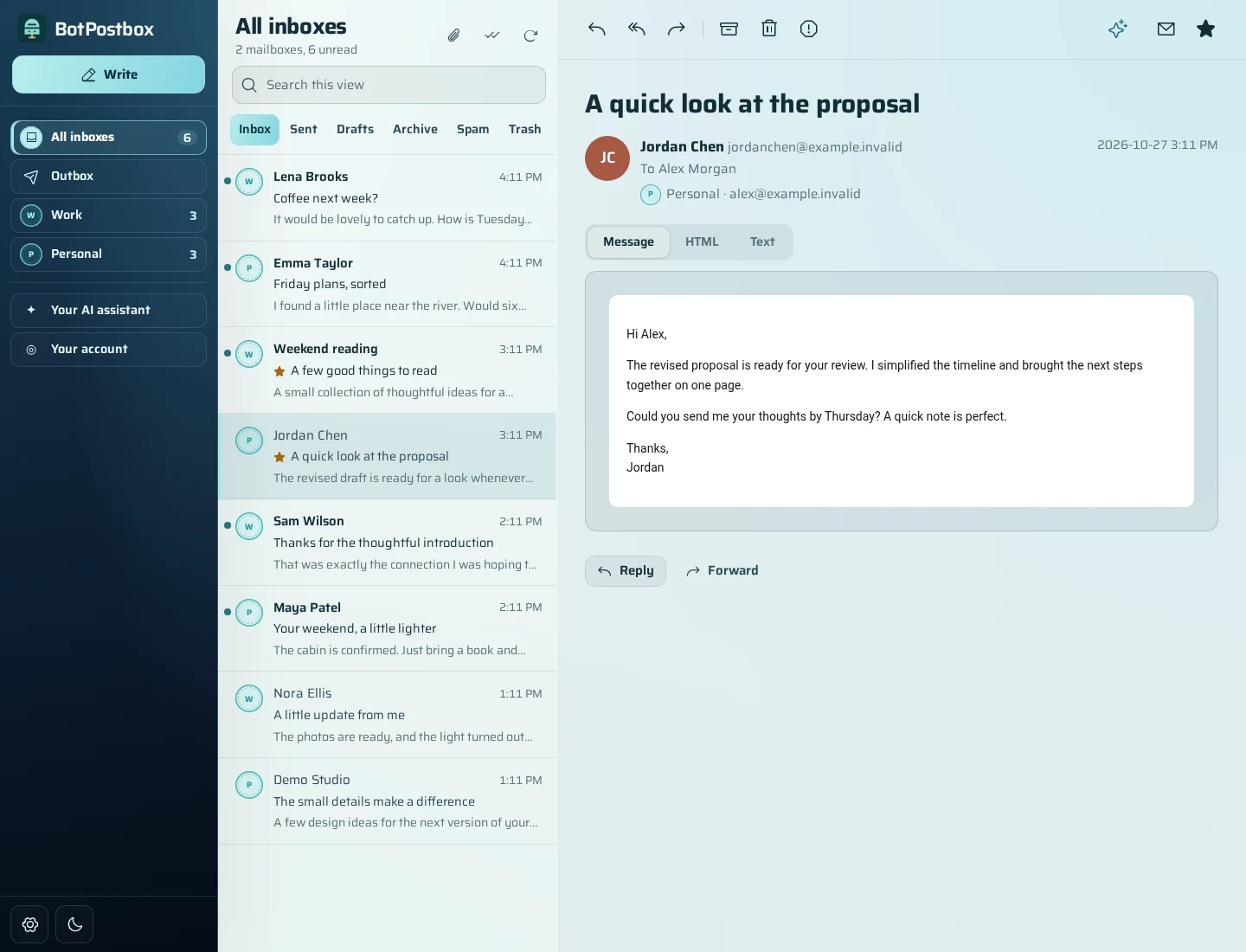 BotPostbox desktop inbox with multiple mailboxes and a reading pane